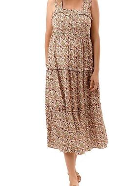 NOM Emma Maternity/ Nursing Smocked Tiered Maxi  Dress  Multi Floral Beige Sz S